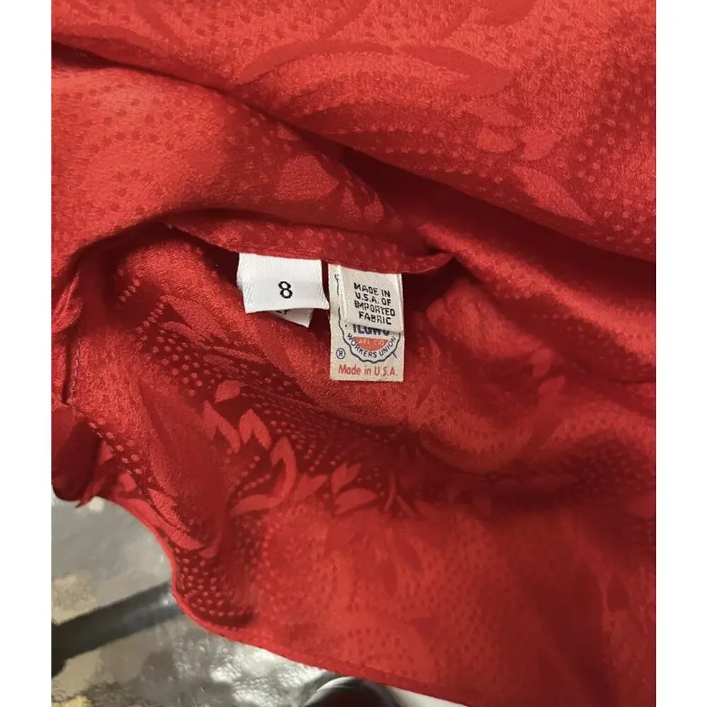 Gloria Sachs Red Silk Skirt Set Sz 8 Pleated Skirt LS Blouse Leaf Embossed